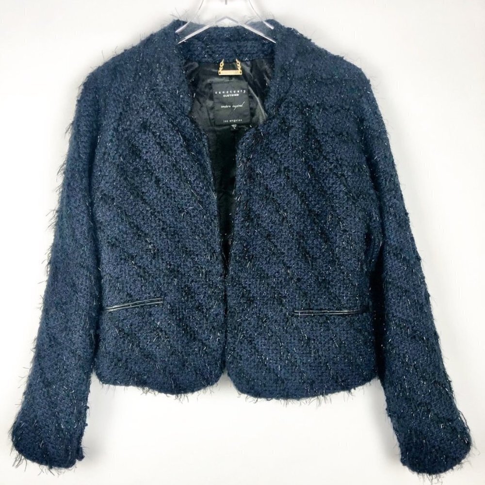 Sanctuary Cropped Jacket Women's Size L Black Navy Metallic Nubby Eyelash Knit